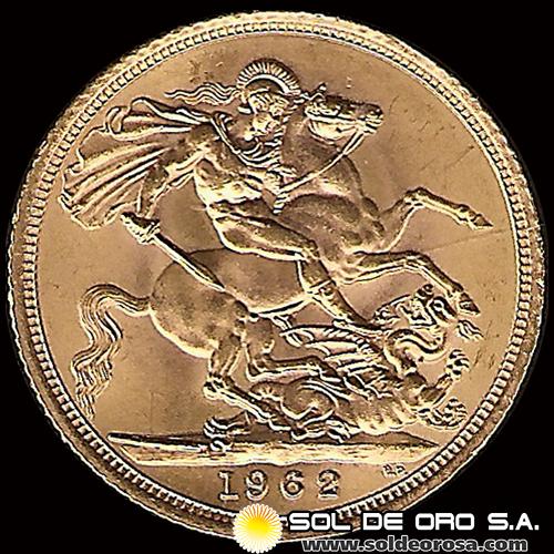 INGLATERRA - SOVEREIGN, LIBRA INGLESA (ELIZABETH II - SIN CORONA) - 1962 - MONEDA DE ORO 
